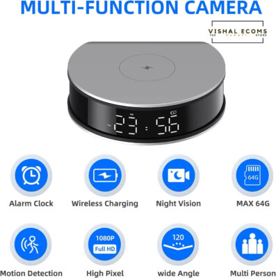 Spy Camera Hidden Camera Wireless Charger with Alarm Clock,1080P Mini Camera Security Camera Indoor Wireless, 20W Charger with Mini Security Camera, Night Vison Camera Wireless with Phone App