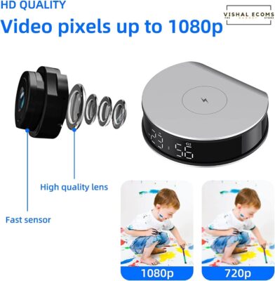 Spy Camera Hidden Camera Wireless Charger with Alarm Clock,1080P Mini Camera Security Camera Indoor Wireless, 20W Charger with Mini Security Camera, Night Vison Camera Wireless with Phone App